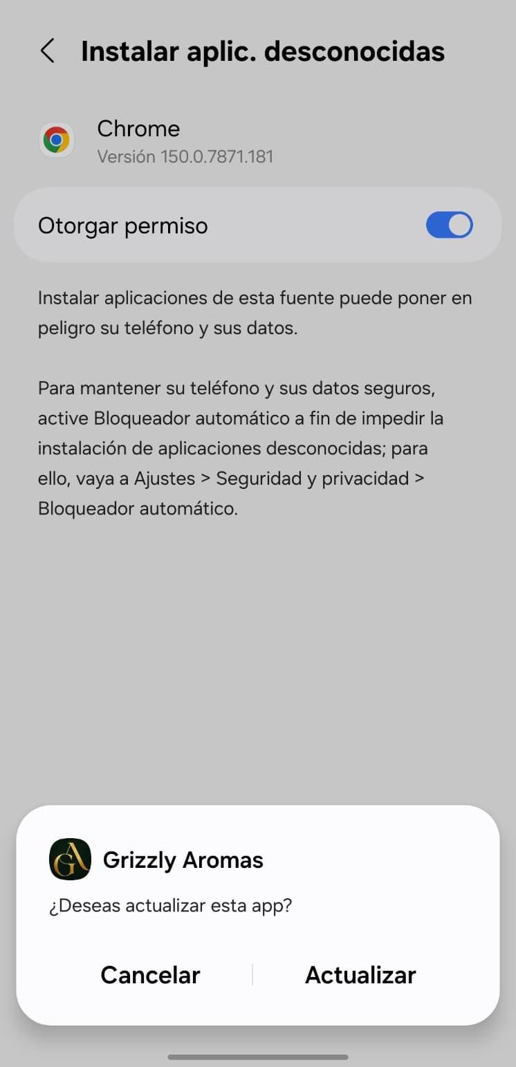 Permiso de instalación y botón Actualizar