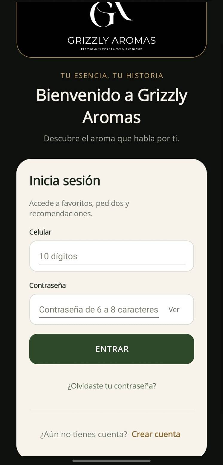 Pantalla de inicio de sesión de Grizzly Aromas