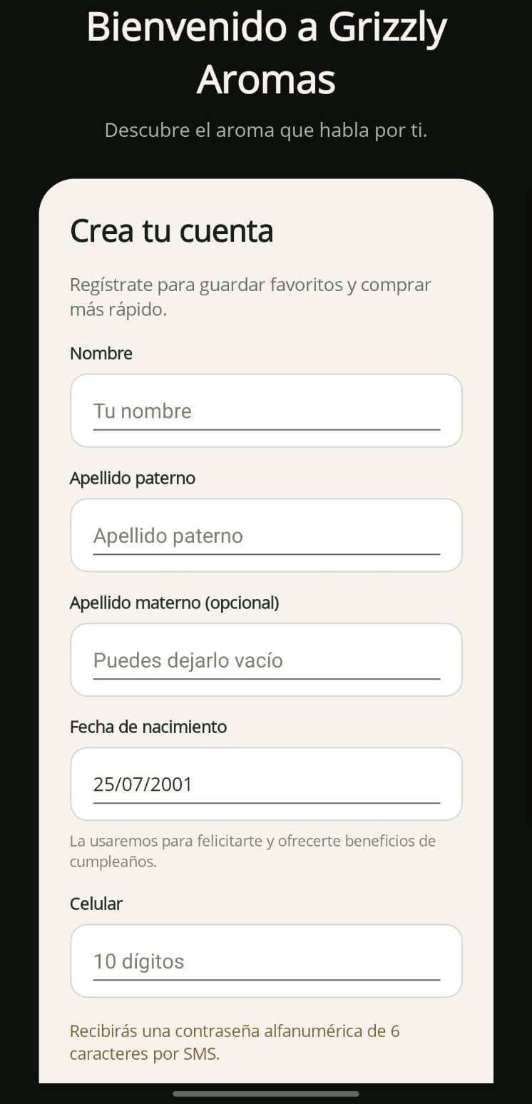 Formulario de registro de Grizzly Aromas